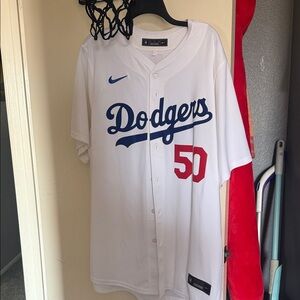Men’s Nike White Dodgers Jersey with Blue and Red Details
